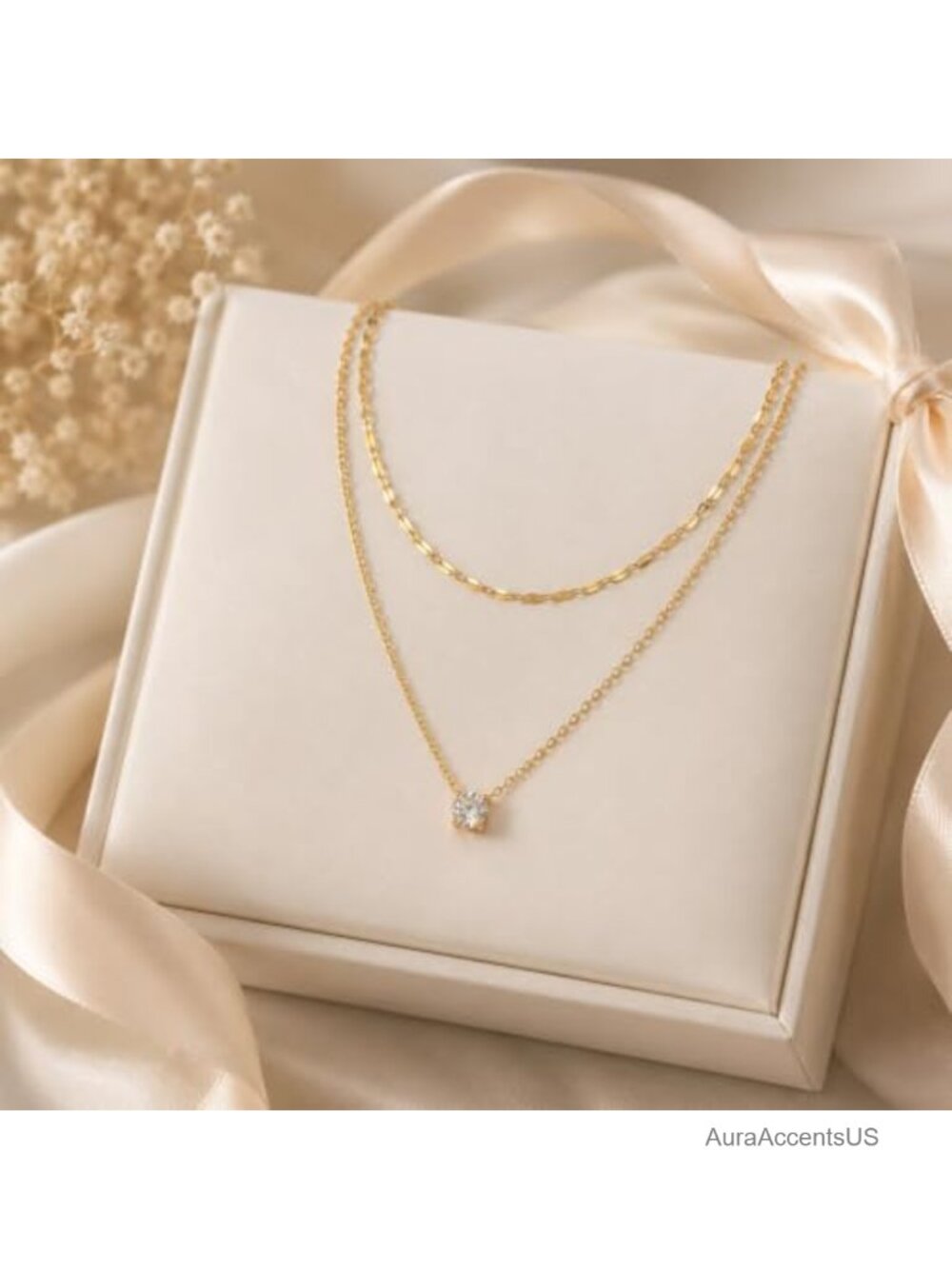 Layered Necklace Set Women Cubic Zirconia Pendant 14K Gold Silver Plated Double - Picture 5 of 6